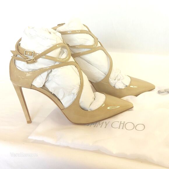 JIMMY CHOO Lancer beige Patent Leather Heel Shoes Women's Size 38.5 NWB - Picture 11 of 12